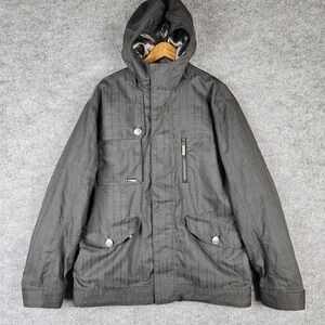 Burton Esquire Snowboard Jacket Mens Large Black Gray Pinstripe Vintage Hooded